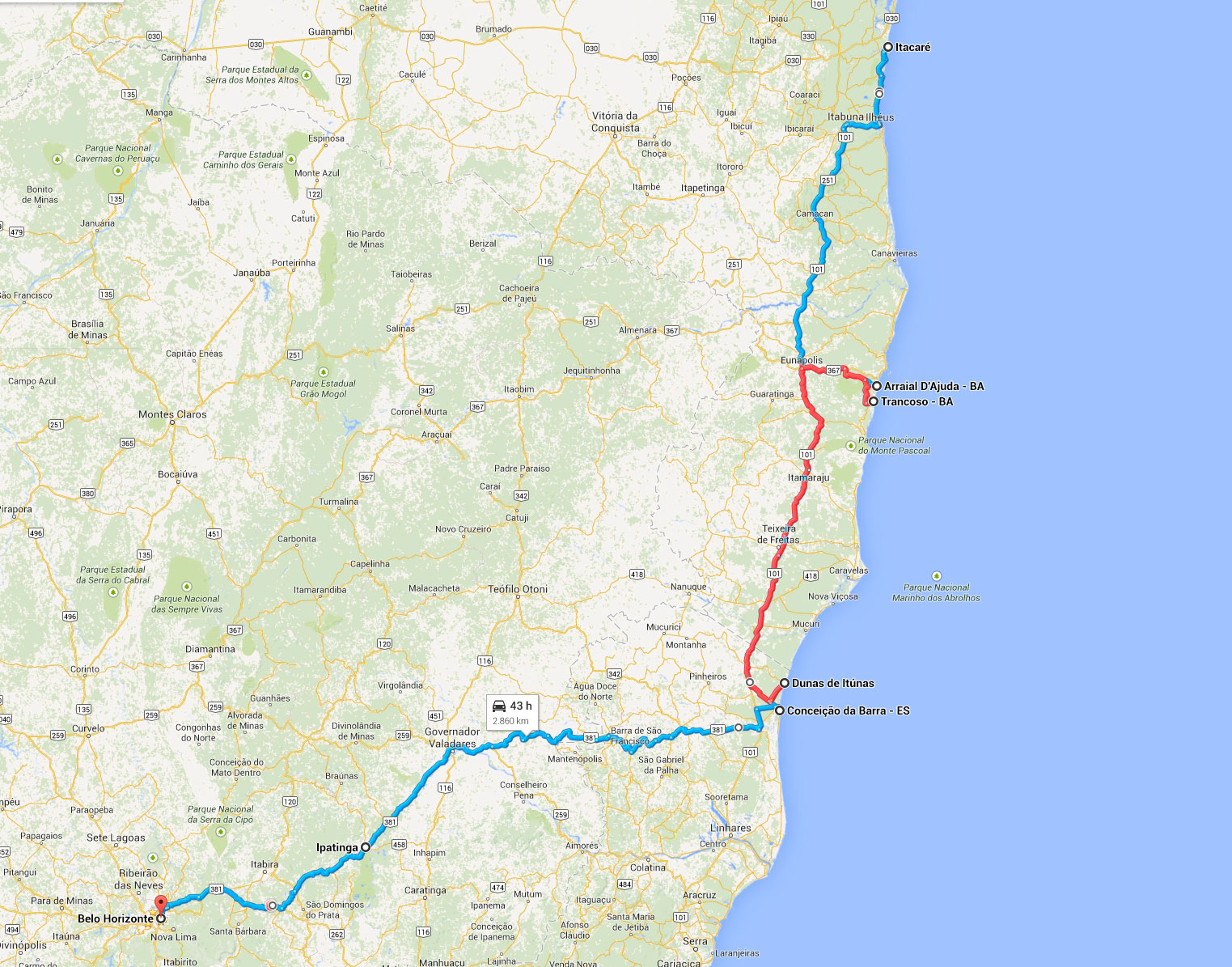 Mapa de Trancoso até Dunas de Itaúnas