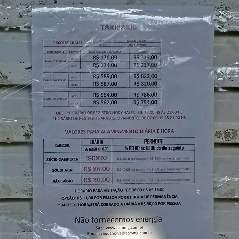 preços do camping e pousada veu da noiva, na serra do cipó